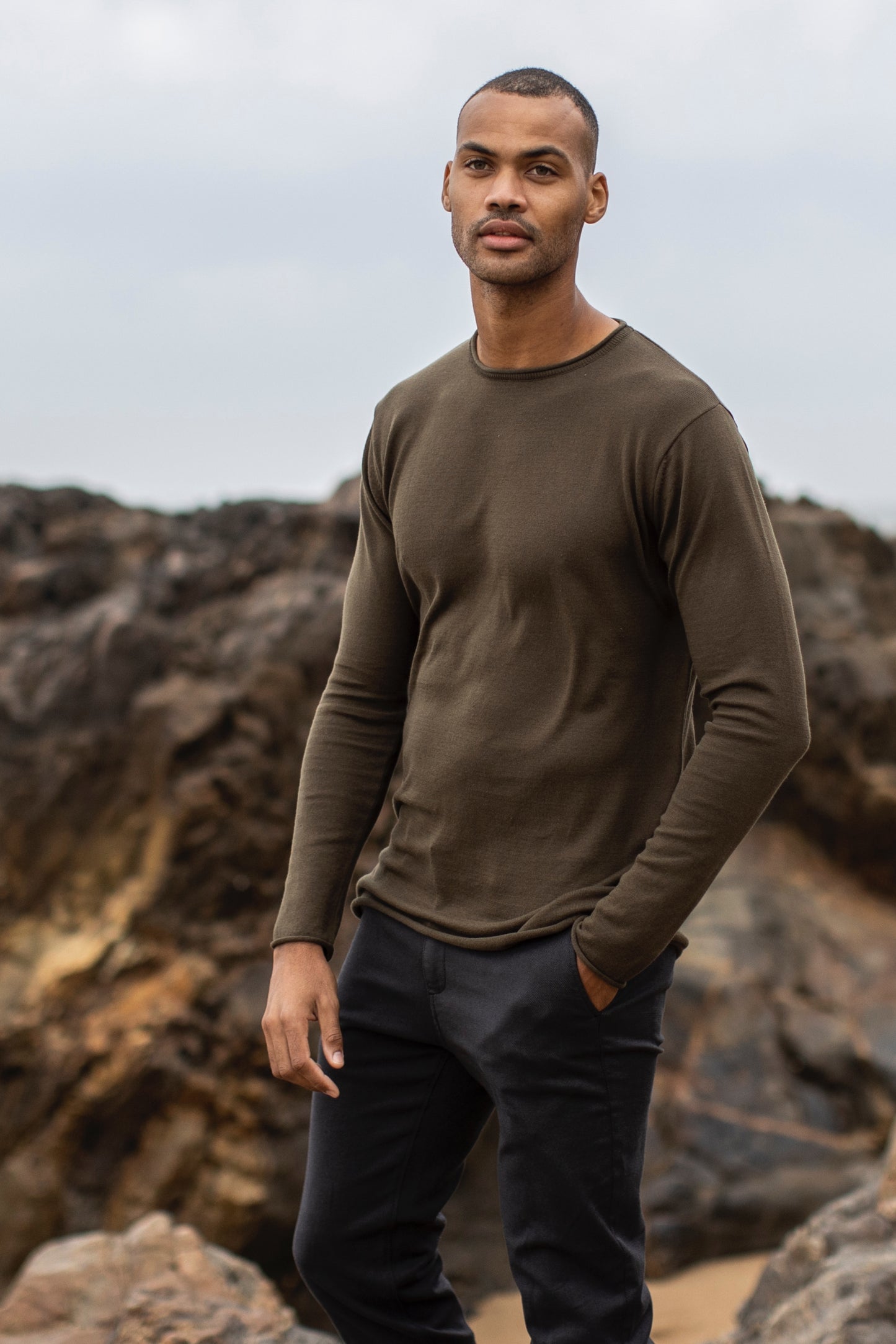 Knitted long sleeve shirt, khaki