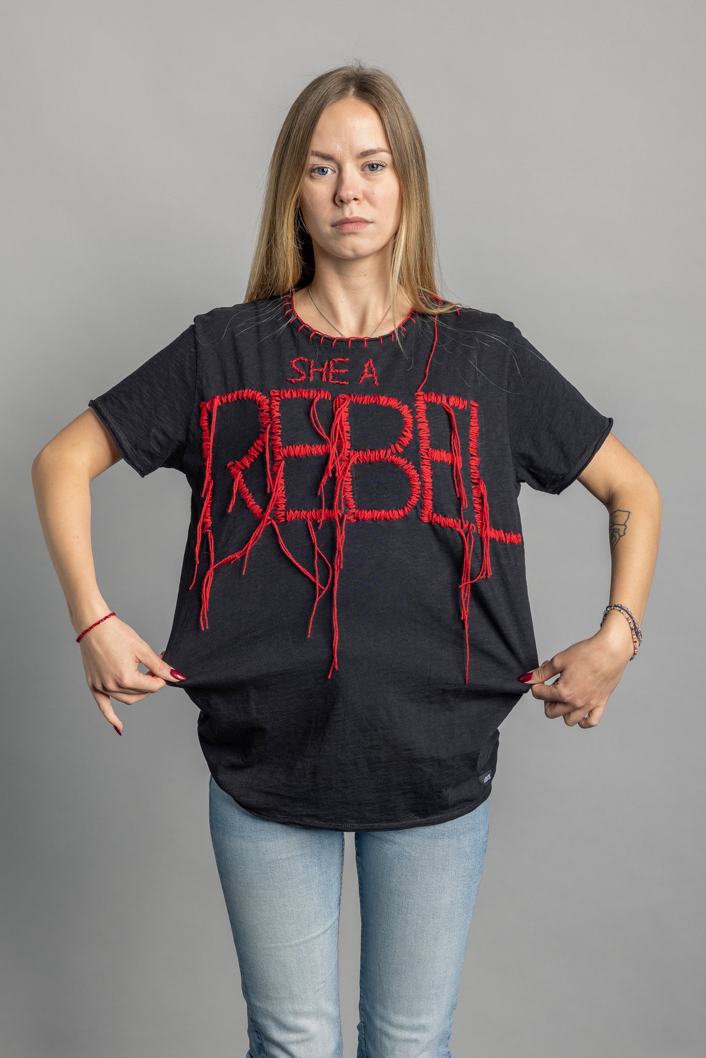 Upcycling Masterpiece T-Shirt "REBEL" size S 